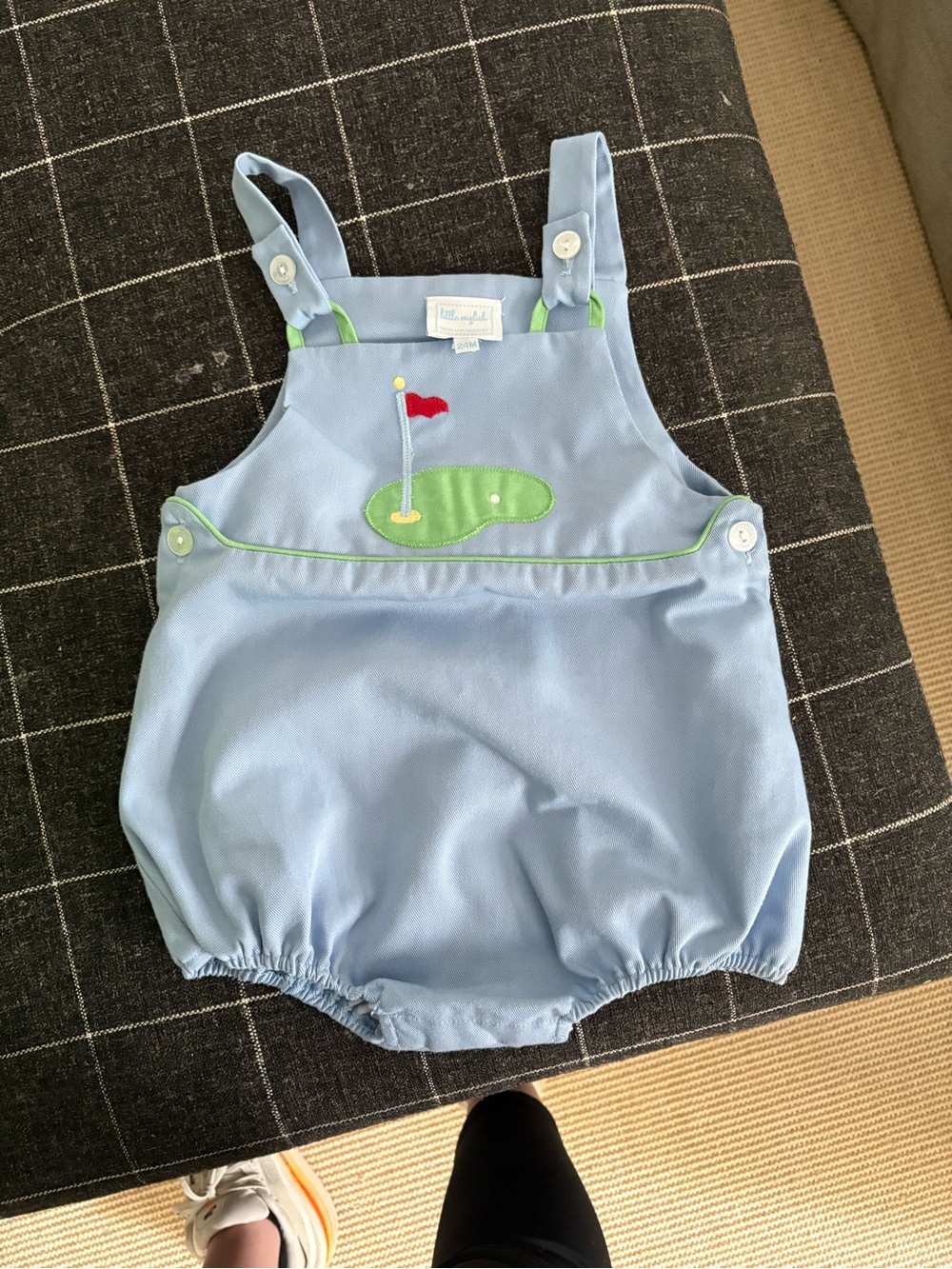 Little English Light Blue Baby Bubble Romper with Green Golf Applique